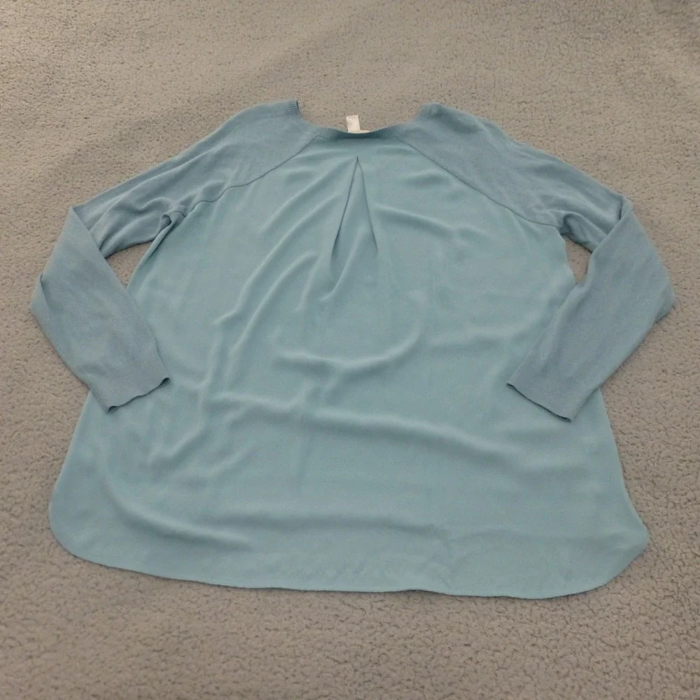 LOFT Sweater Top Womens Large Light Blue Mixed Media V-Neck High Low Back Pleat